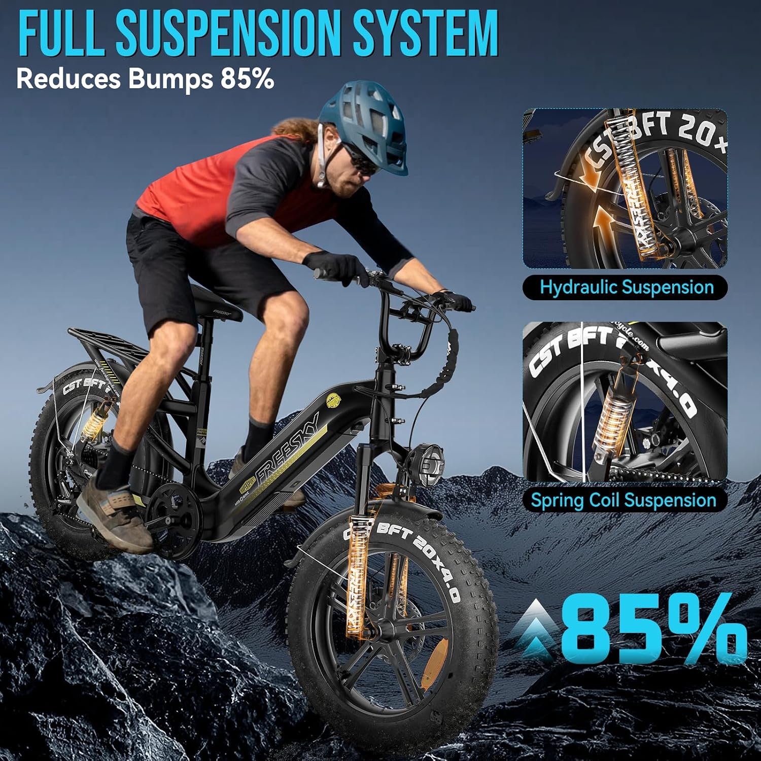 FREESKY 2026 Upgraded Rocky Pro Torque Sensor Electric Bike for Adults, 48V 25Ah Samsung Cells Battery, 105 Miles Range, 33MPH Fat Tire Step-Thru E Bike, 20' Full Suspension Cargo Bicycles, 8-Speeds