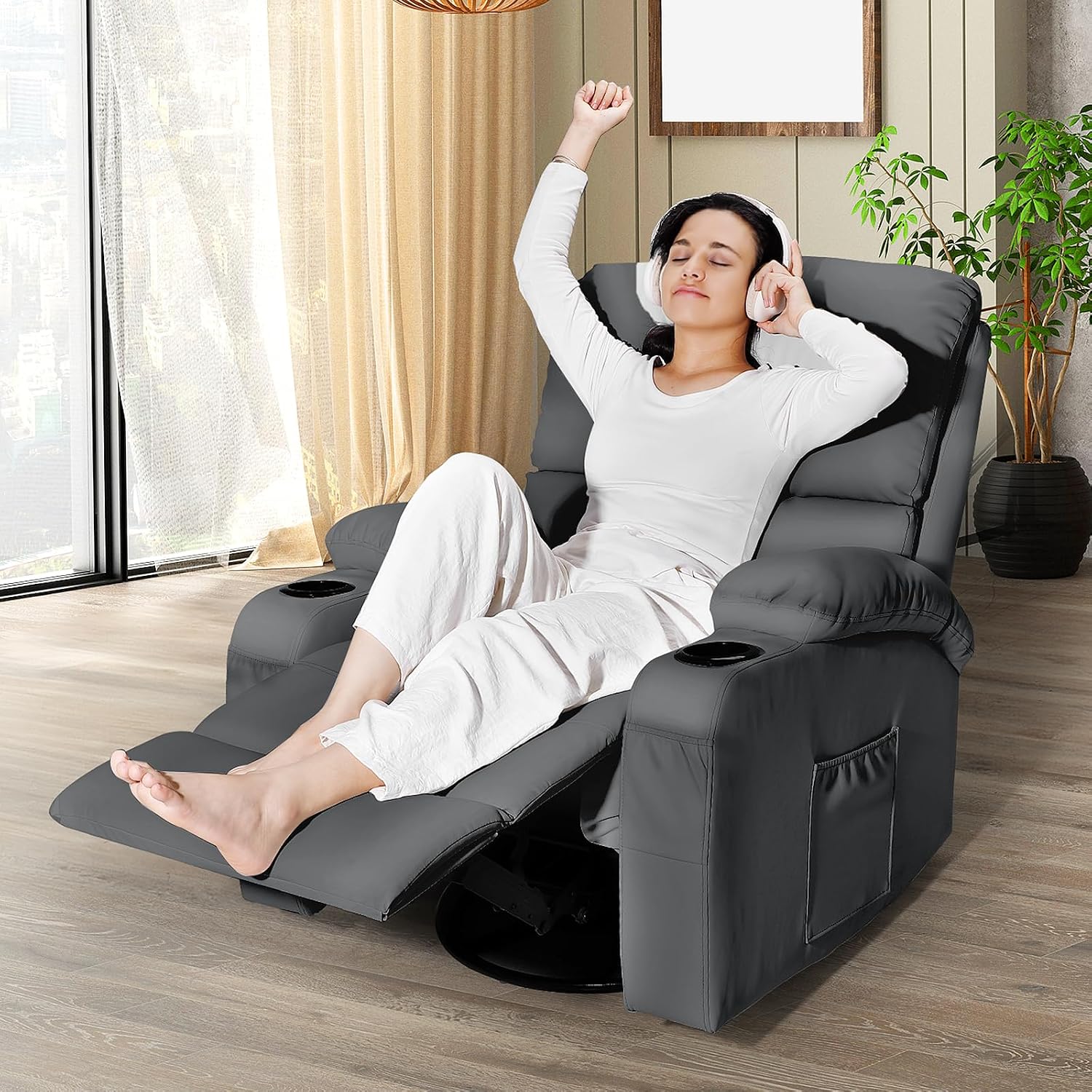 LAFWELL Rocking Recliner Chair, Massage Rocker Recliner Chair with Vibration Massage and Heat, 360° Swivel Faux Leather Chairs, Living Room, Bedroom, Nursery, RV, Dark Gery