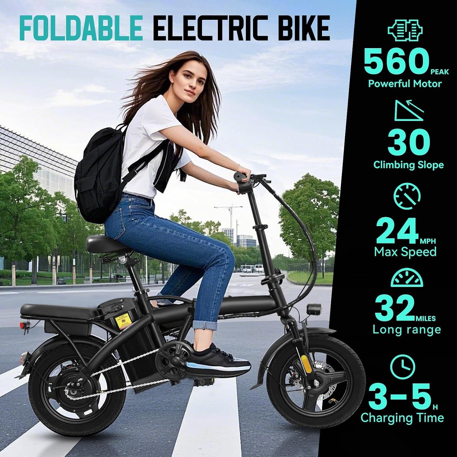 Electric Bike for Adults Teens, Commuter City Folding ebike with 560W Motor and 48V Battery, 24MPH 3 Level Pedals Assist, Dual Disc Brakes,14' Compact Foldable Electric Bicycle with UL2849 Certified