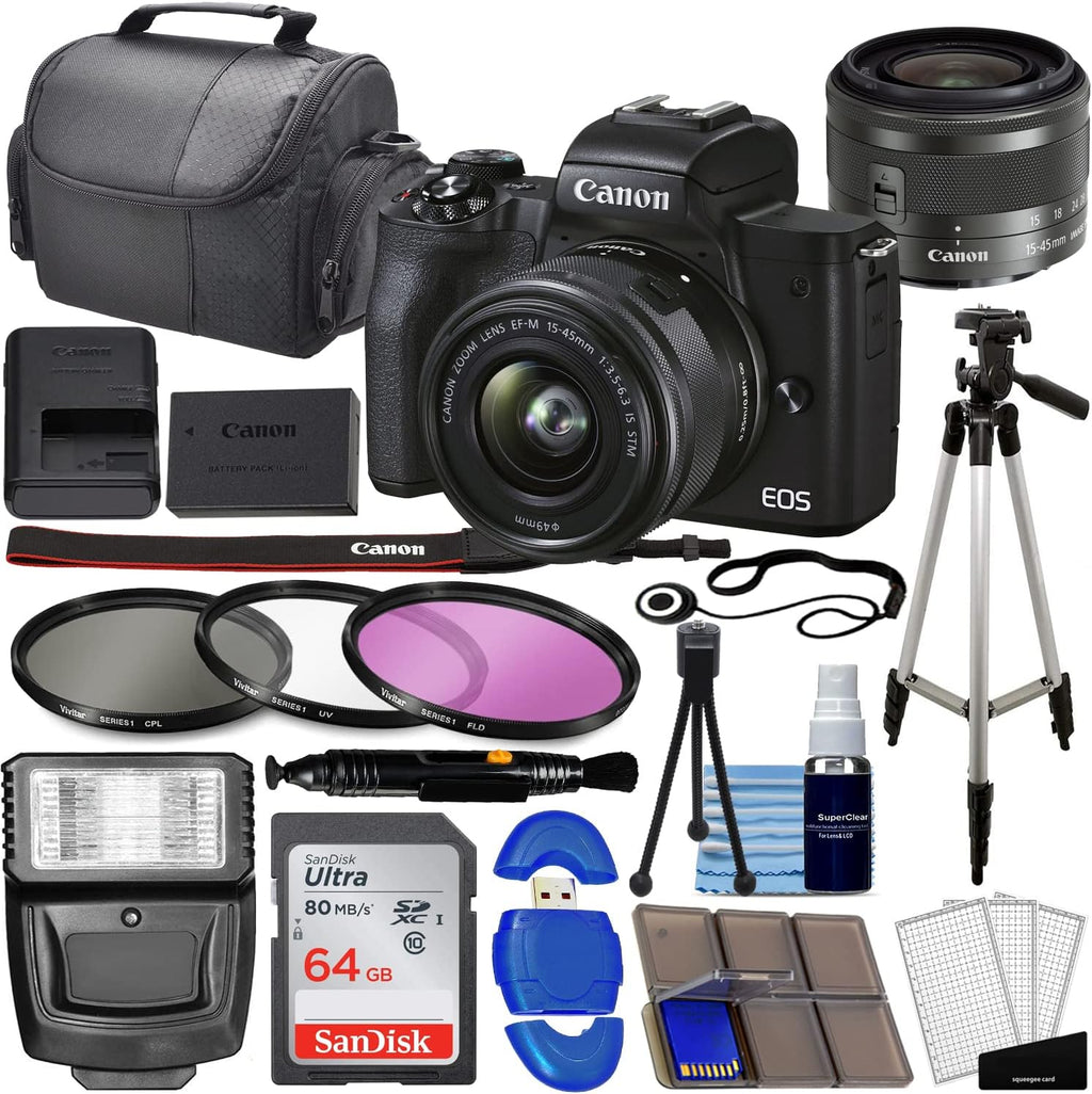 Canon EOS M50 Mark II Mirrorless Digital SLR with 15-45mm Lens (Black) + 64GB Memory Card, 3pc Filter Kit, Tripod, Card Reader + Photo Bundle, compact (Renewed)