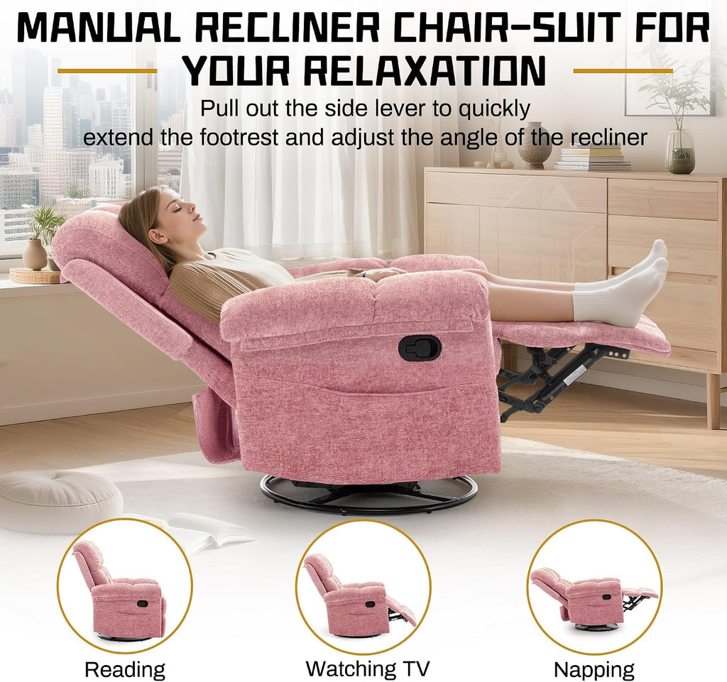 Korser Recliner Chair, Swivel Rocker Recliner Chair for Adults, Small Recliners for Small Spaces, Manual Recliner Chair with Side Pockets, Nursery Rocking Chair for Living Room, Chenille, Rose Pink