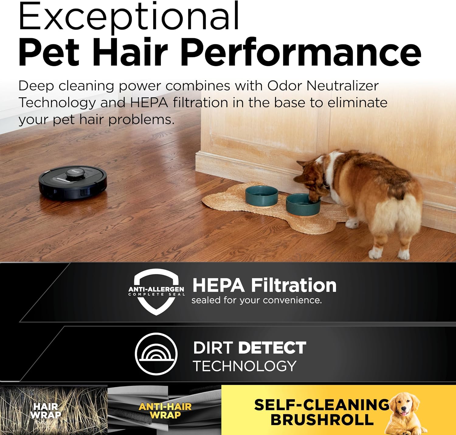 Shark PowerDetect Self-Empty Robot Vacuum with NeverStuck Technology, Auto Deep-Clean Carpets & Hardfloors, 30 Day Capacity HEPA Bagless Base, for Pet Hair, WiFi Black, AV2820S