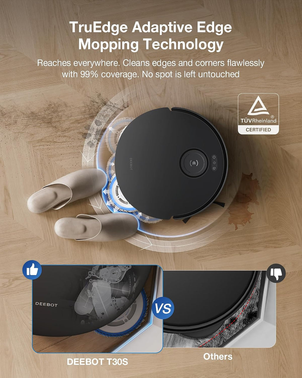 ECOVACS DEEBOT T30S Robot Vacuum and Mop, 11000Pa, ZeroTangle Technology, TruEdge Adaptive Edge Mopping, Hot Water Mop Washing, Self-Emptying, Self Refilling, Auto-Mop Lifting, Obstacle Avoidance