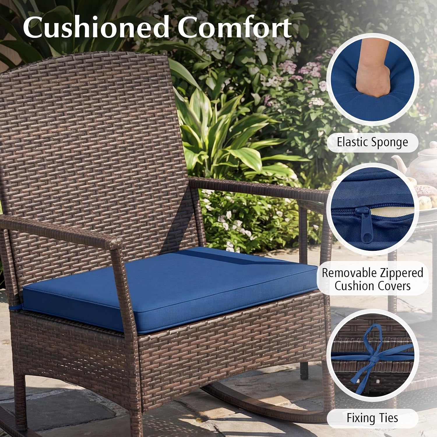 Tangkula 3 Pieces Rocking Wicker Bistro Set, Outdoor Front Porch Rocker Chairs Conversation Set with 2-Tier Tempered Glass Coffee Table and Thick Cushions for Garden, Balcony, Poolside (Navy)