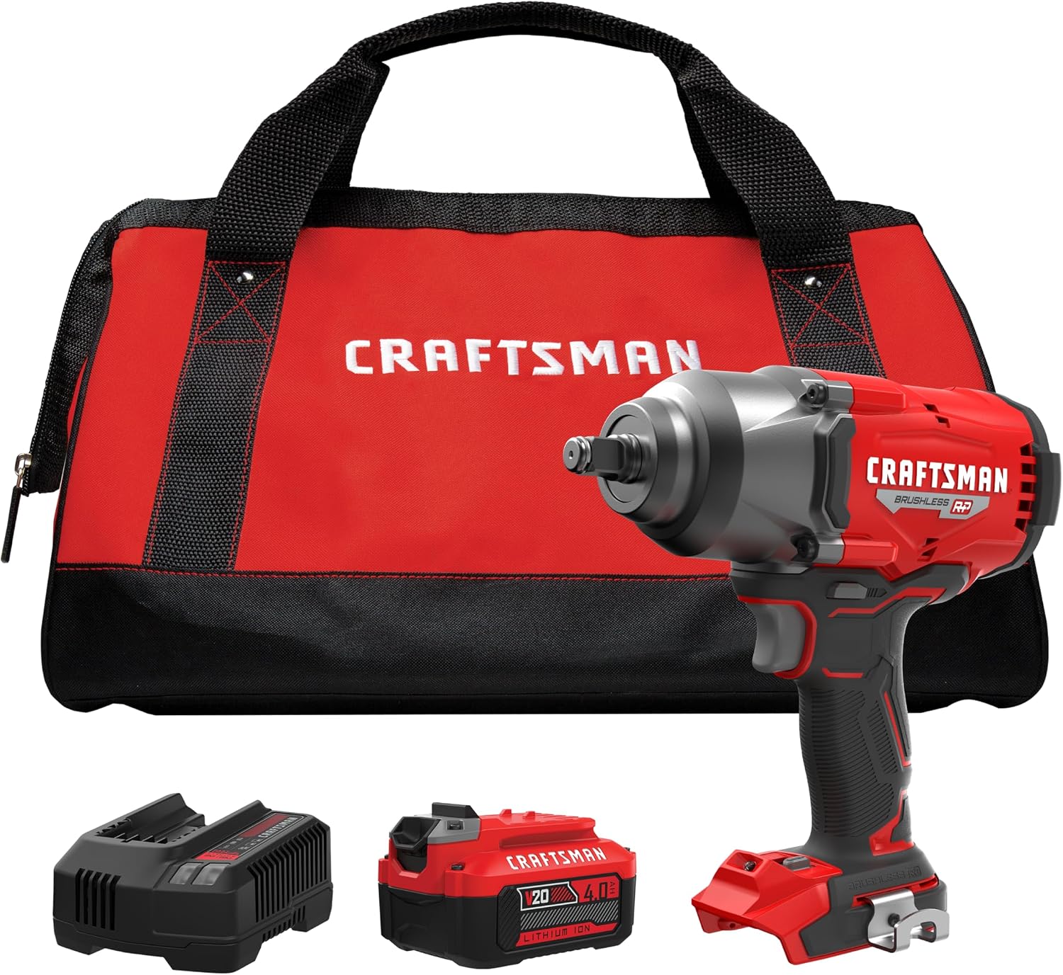 CRAFTSMAN V20 RP Impact Wrench, Cordless, Brushless, High Torque, 1/2 Inch, 4Ah Battery and Charger Included (CMCF940M1)