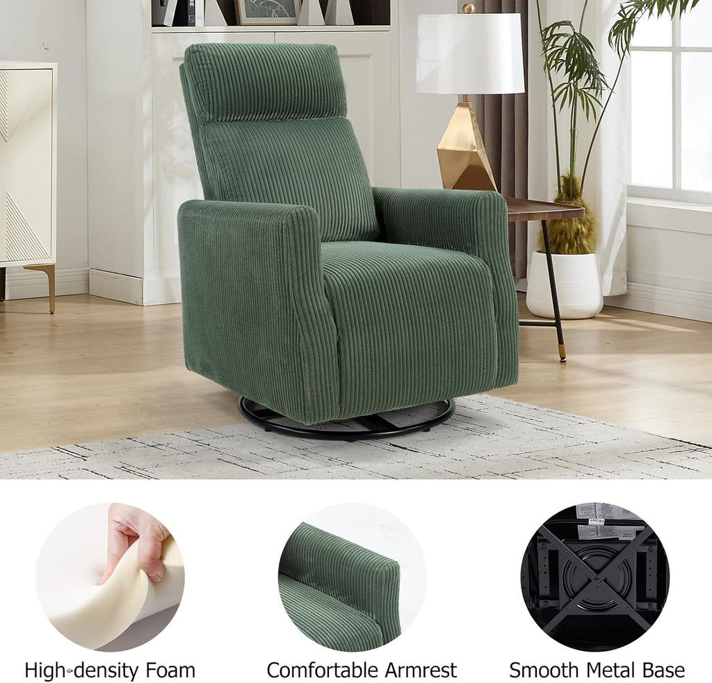 CANMOV Swivel Rocker Chair for Nursery, Swivel Accent Chair with High Back and Arms, Corduroy Glider Chair for Living Room Bedroom Nursery, Green