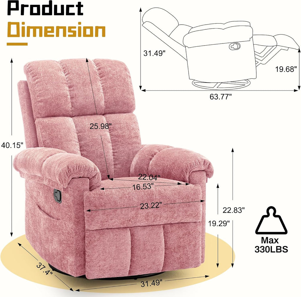 Korser Recliner Chair, Swivel Rocker Recliner Chair for Adults, Small Recliners for Small Spaces, Manual Recliner Chair with Side Pockets, Nursery Rocking Chair for Living Room, Chenille, Rose Pink