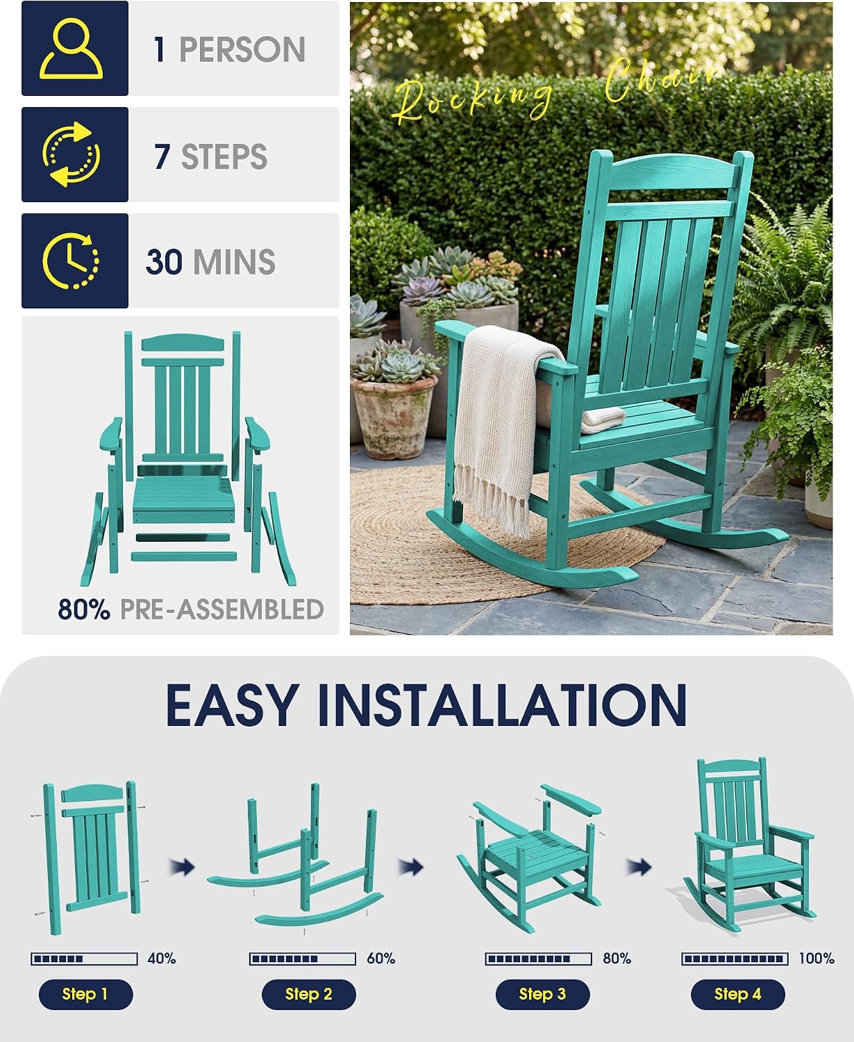 KINGYES Oversized Outdoor Rocking Chair Set of 2, High Density Polyethylene Patio Rocking Chairs with 350lbs Support for Adults, Aruba Blue