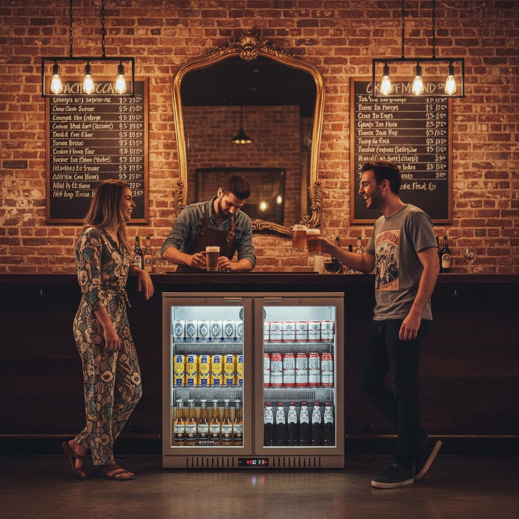 BODEGA BODEGACOOLER Back Bar Cooler With 2 Glass Doors,7.4 Cu.Ft Stainless Steel Commercial Back Bar Fridgewith LED Lighting,Counter Height Bar Beverage Cooler for Beer,Soda Drinks,Wine