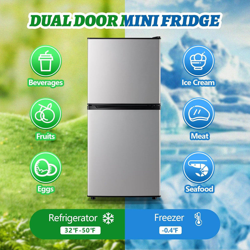 DEMULELR 3.9Cu.ft Refrigerator with Freezer Black Two Door Mini Fridge with Crisper Drawer & Extra Drink Space, LED Light, Full-Size Fridge for Dorm Office 17.5'D x 17'W x 40'H，Silver