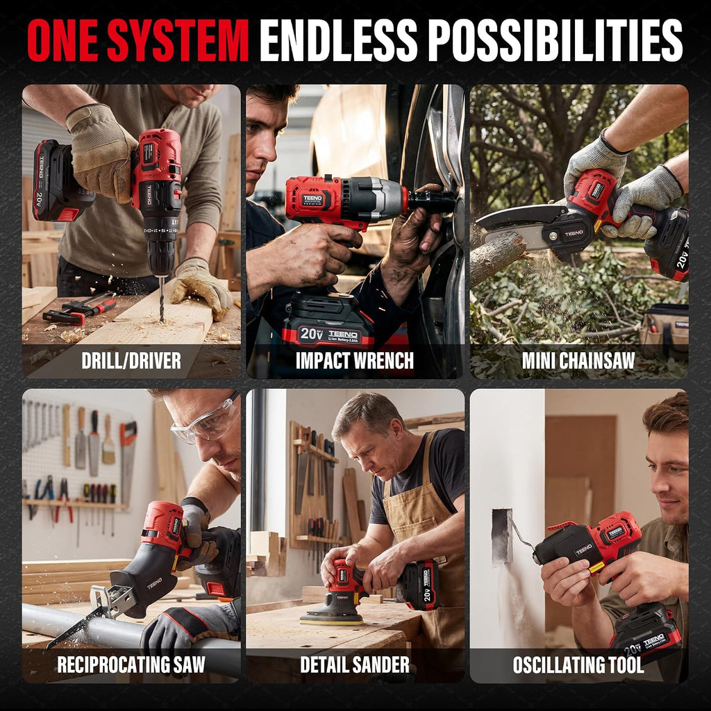 TEENO Brushless Power Tool Combo Kit, 6-in-1 Cordless Interchangeable Multi-Tool Set (Drill, Impact Wrench, Oscillating Tool, Reciprocating & Chain Saws, Sander), 3Ah Battery, USB Adapter & Hard Case