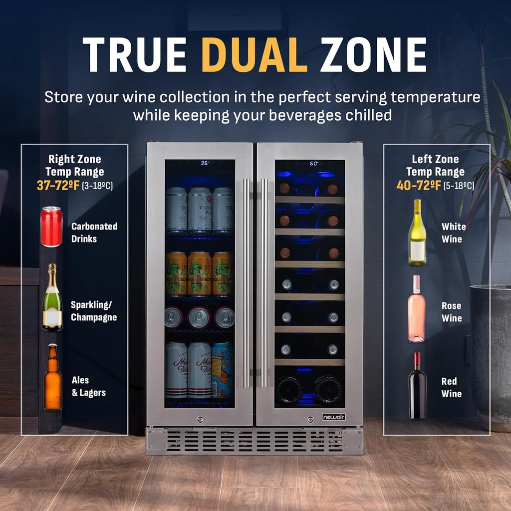 NewAir 24' Dual Zone Beverage Refrigerator & Wine Cooler for 18 Bottles & 60 Cans | Freestanding or Built-In Under Counter Mini Fridge for Beer, Wine and Soda | Stainless Steel