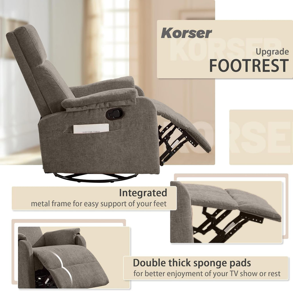 Korser Recliner Chair, Swivel Rocking Recliner Chair for Adults, Glider Rocking Chair, Small Nursery Chair Recliner for Living Room, Reclining Chair with Modern-Designed Armrests, Chenille, Brown