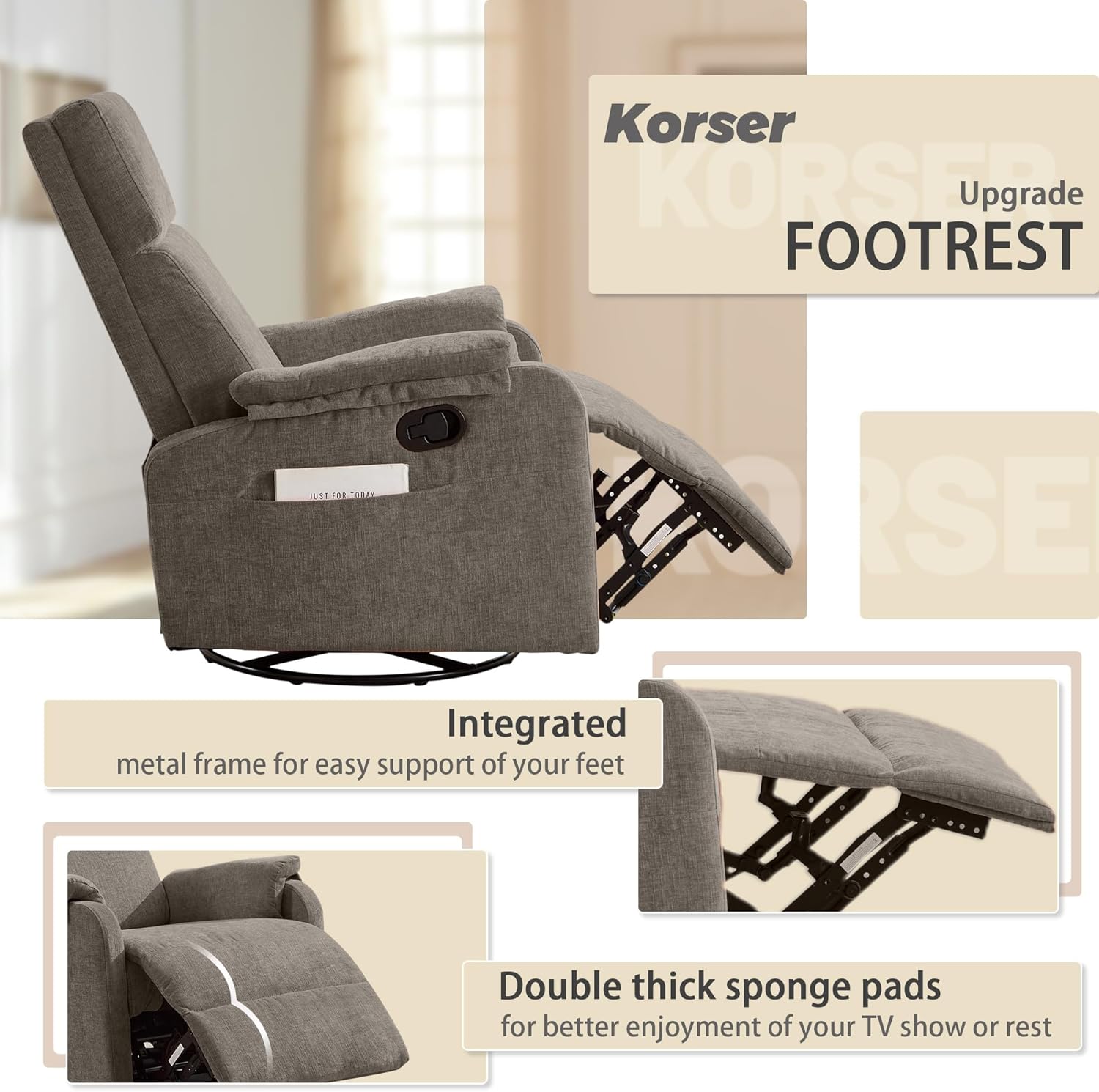 Korser Recliner Chair, Swivel Rocking Recliner Chair for Adults, Glider Rocking Chair, Small Nursery Chair Recliner for Living Room, Reclining Chair with Modern-Designed Armrests, Chenille, Brown
