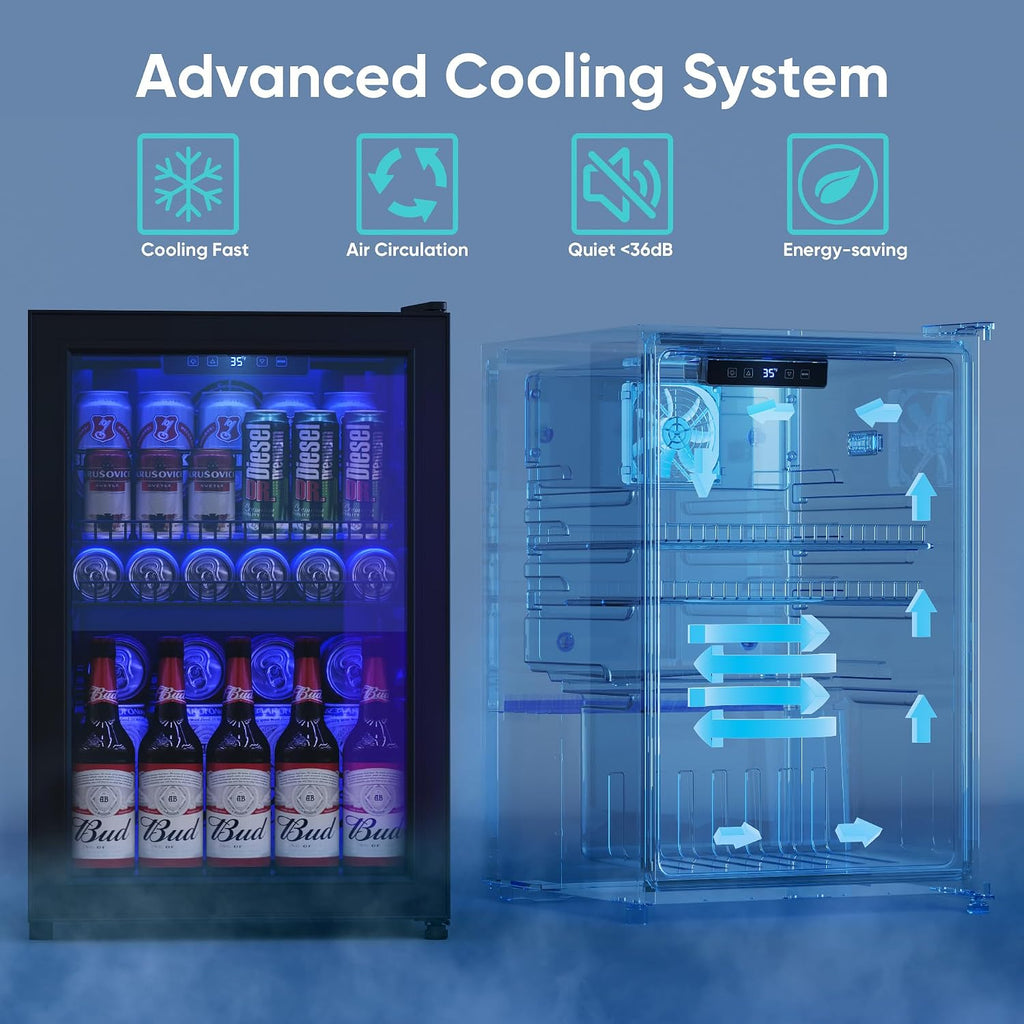 Tehanld 2.5 Cu.Ft Wine Fridge, Beverage Fridge With Glass Door, Wine Cooler Refrigerator, Beverage Drink Beer Cooler, Adjustable Shelves & Digital Temperature Display, 22 Bottle 95 Can