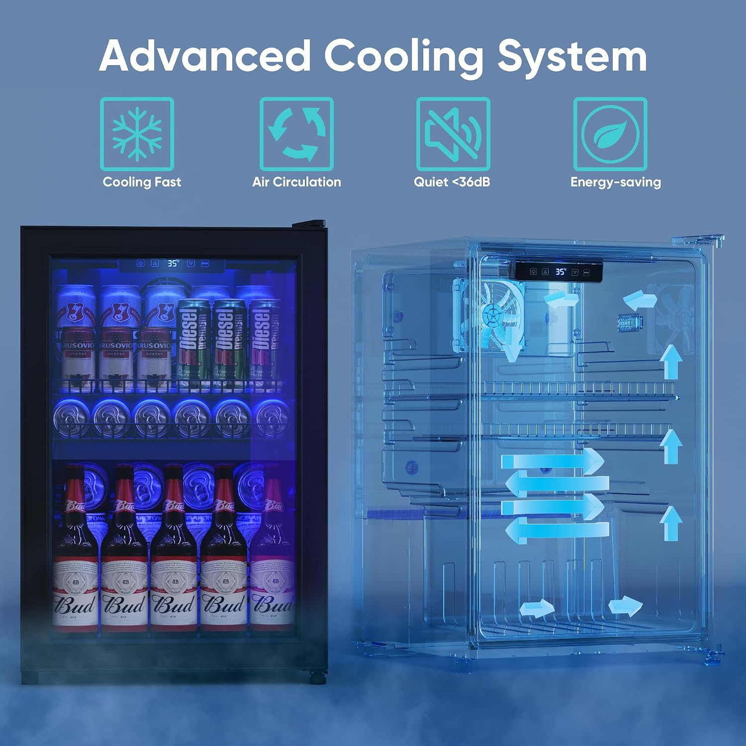 Tehanld 2.5 Cu.Ft Wine Fridge, Beverage Fridge With Glass Door, Wine Cooler Refrigerator, Beverage Drink Beer Cooler, Adjustable Shelves & Digital Temperature Display, 22 Bottle 95 Can