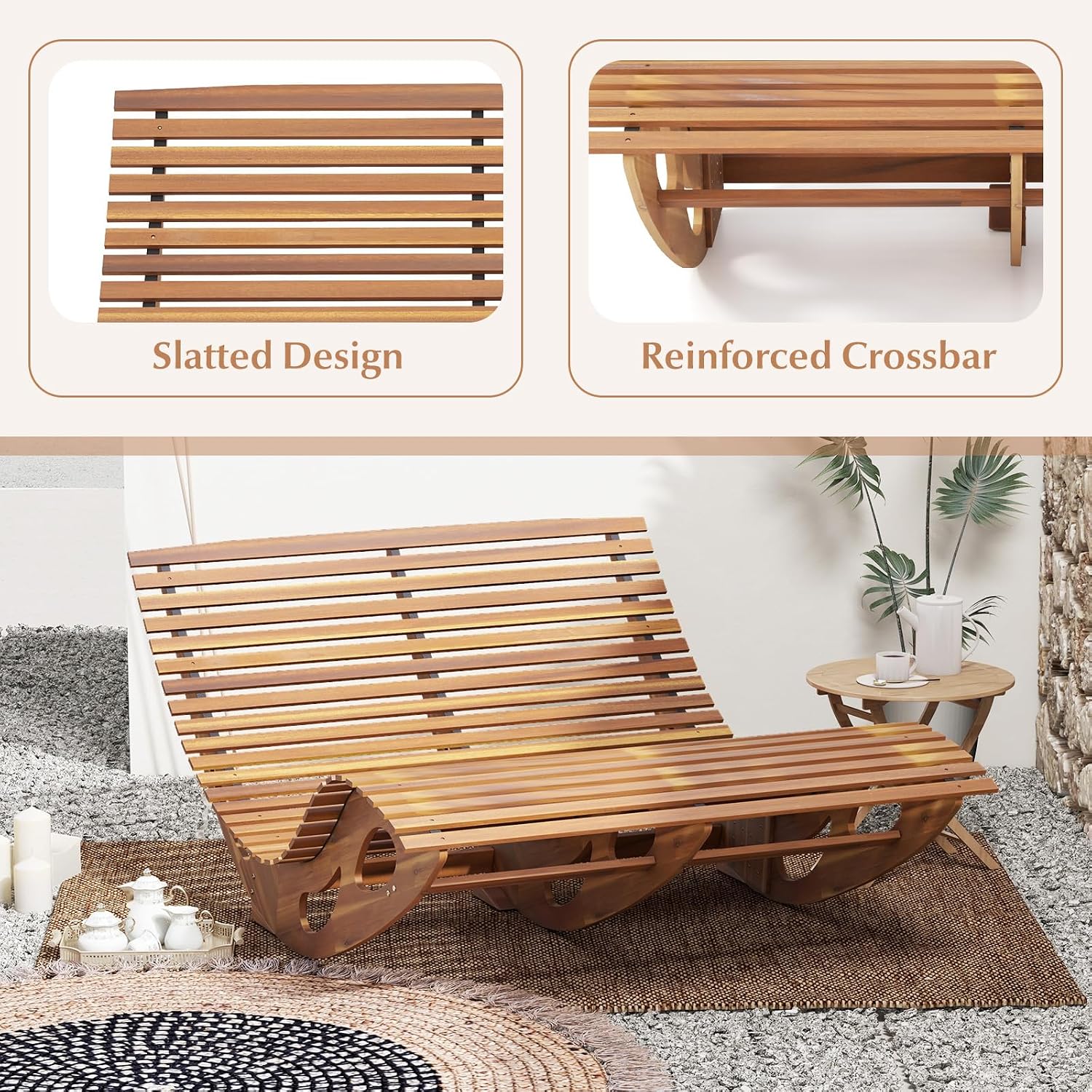 Giantex Extra-Large Dual Outdoor Rocking Chair, Acacia Wood Patio Lounge Chair with Ergonomic Curved & Slatted Seat, Bottom Stopper, 63'x47'x26' Lounger, 2-Person Loveseat, Rocker for Porch, Yard (1)