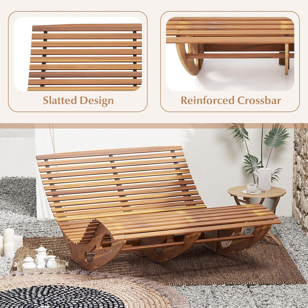 Giantex Extra-Large Dual Outdoor Rocking Chair, 2 Pack Acacia Wood Patio Lounge Chair with Ergonomic Curved & Slatted Seat, Bottom Stopper, 63'x47'x26' Lounger, 2-Person Loveseat, Rocker for Porch