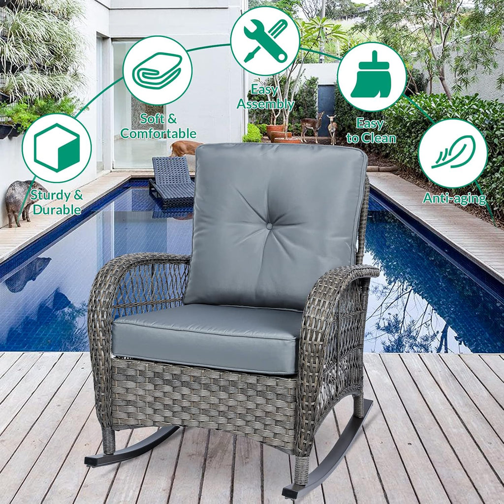 VIVIJASON Outdoor Wicker Rocking Chair, Patio Rattan Rocker Chair with Cushions & Steel Frame, All-Weather Rocking Lawn Wicker Furniture for Garden Backyard Porch (Grey)