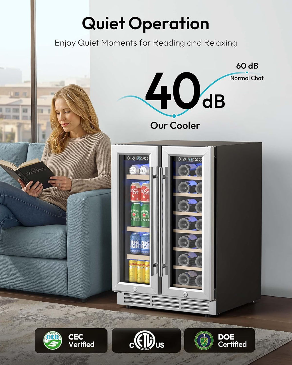 EUHOMY Wine and Beverage Refrigerator, 24 Inch Dual Zone Wine Cooler with Glass Door Hold 21 Bottles and 88 Cans, Built in or Under Counter Wine Fridge with Blue LED Light