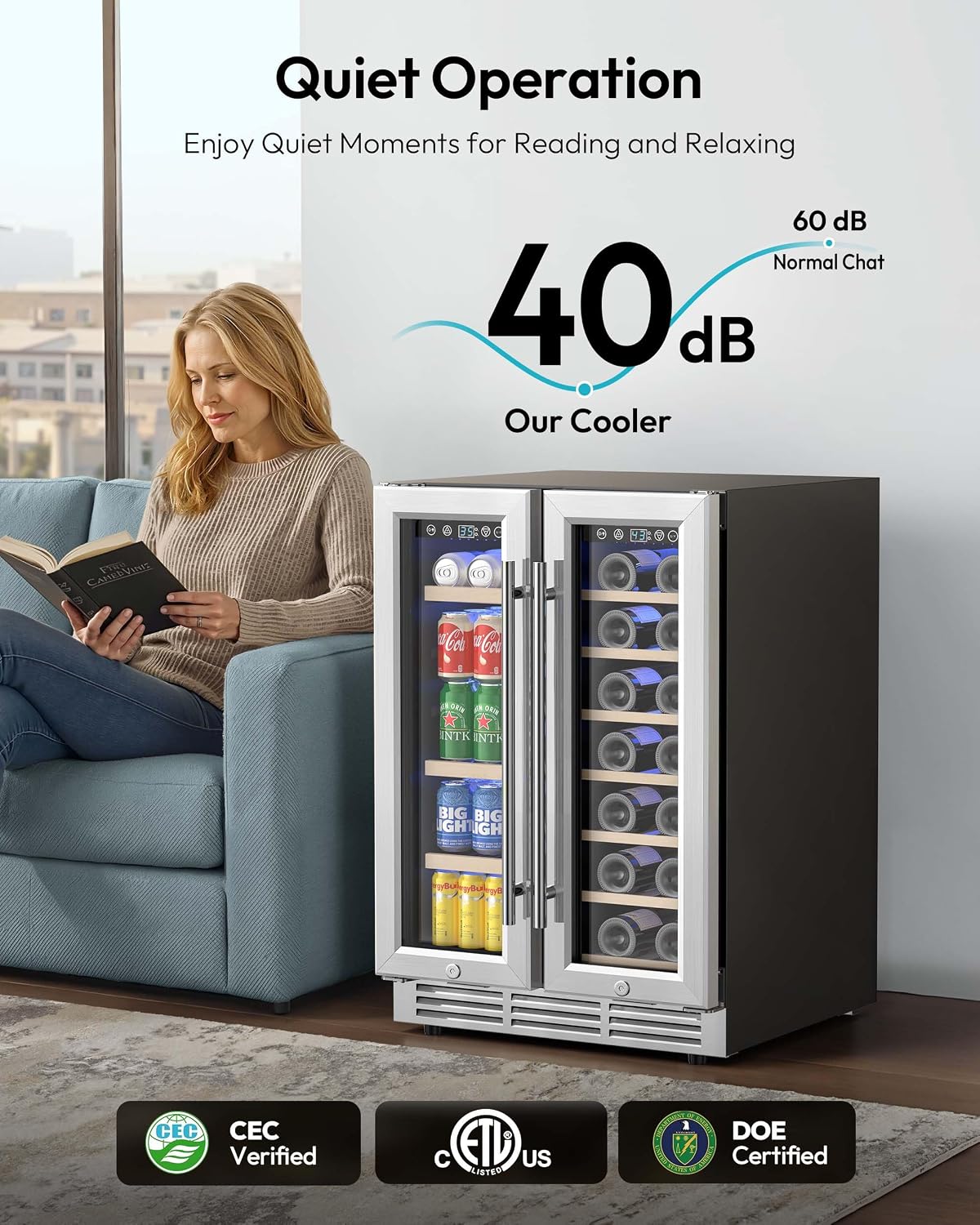 EUHOMY Wine and Beverage Refrigerator, 24 Inch Dual Zone Wine Cooler with Glass Door Hold 21 Bottles and 88 Cans, Built in or Under Counter Wine Fridge with Blue LED Light