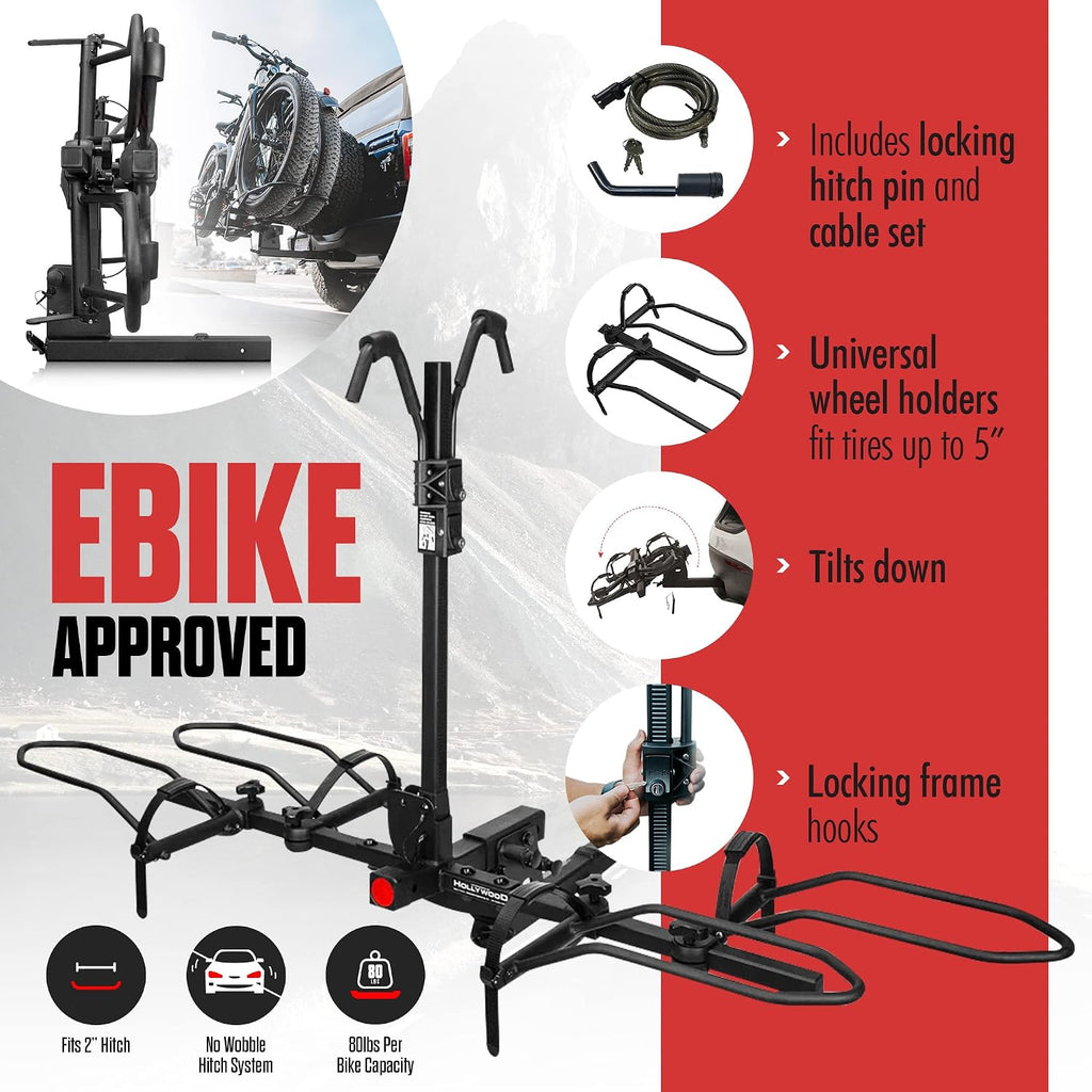 Hollywood Racks Sport Rider 2' Hitch Bike Rack, Carries 2 Bikes up to 80 lbs Each for Standard, Fat Tire and Electric Bicycles - Heavy Duty, Foldable Ebike Rack for Car, Truck, and SUV