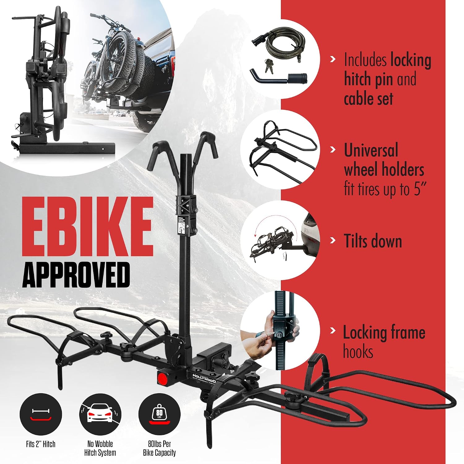 Hollywood Racks Sport Rider 2' Hitch Bike Rack, Carries 2 Bikes up to 80 lbs Each for Standard, Fat Tire and Electric Bicycles - Heavy Duty, Foldable Ebike Rack for Car, Truck, and SUV