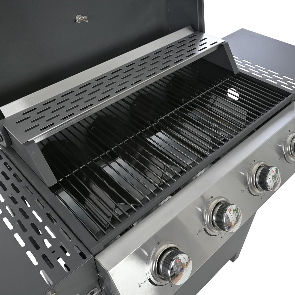 Patio Propane Gas Grill Stainless Steel, 4-Burner BBQ Grill with Top Cover Lid, Spacious Cooking Area and 2 Side Shelves, for Outdoor Patio Garden Picnic Backyard, Black
