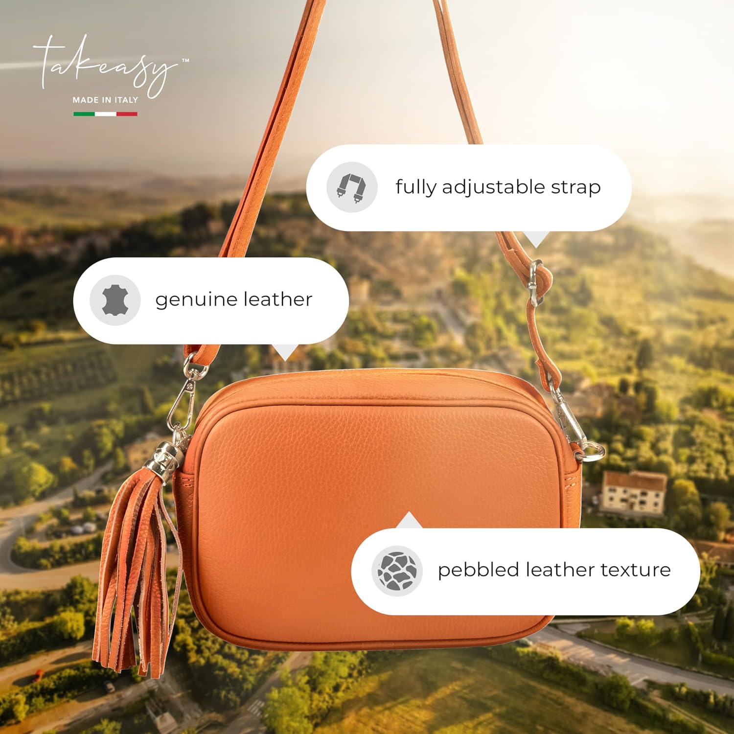 Italian Calf Leather Crossbody Bag for Women with Tassel Zipper | Small Camera Purse Shoulder Handbag Pocketbook