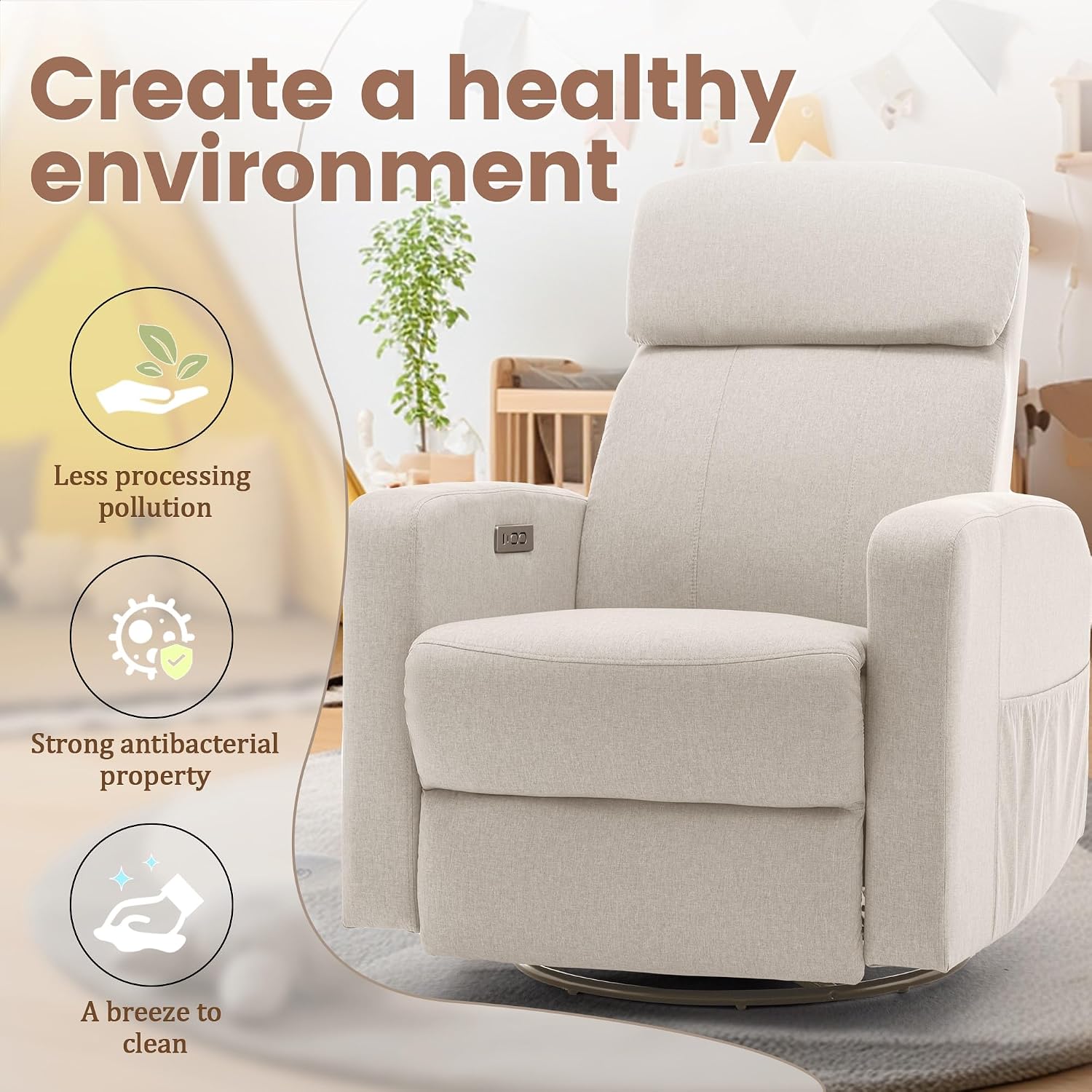 Korser Power Swivel Recliner Chairs for Adults, Electric Glider Rocking Chair Nursery, Glider Recliner Nursery Chair with Classified Side Pocket, Nursery Rocking Chairs with USB and Type-C Ports