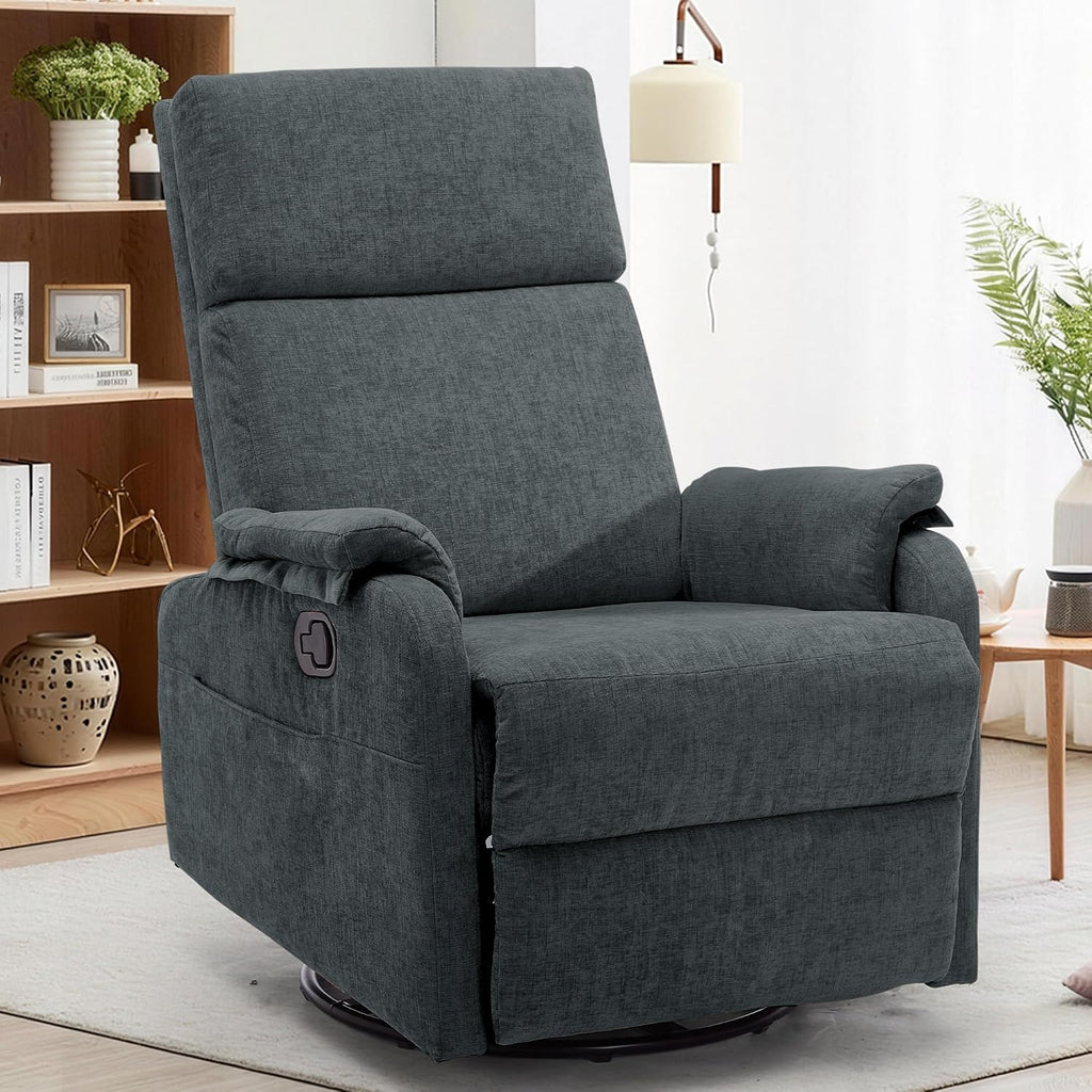Korser Recliner Chair, Swivel Rocking Recliner Chair for Adults, Glider Rocking Chair, Small Nursery Chair Recliner for Living Room, Reclining Chair with Modern-Designed Armrests,Chenille,Darkgrey
