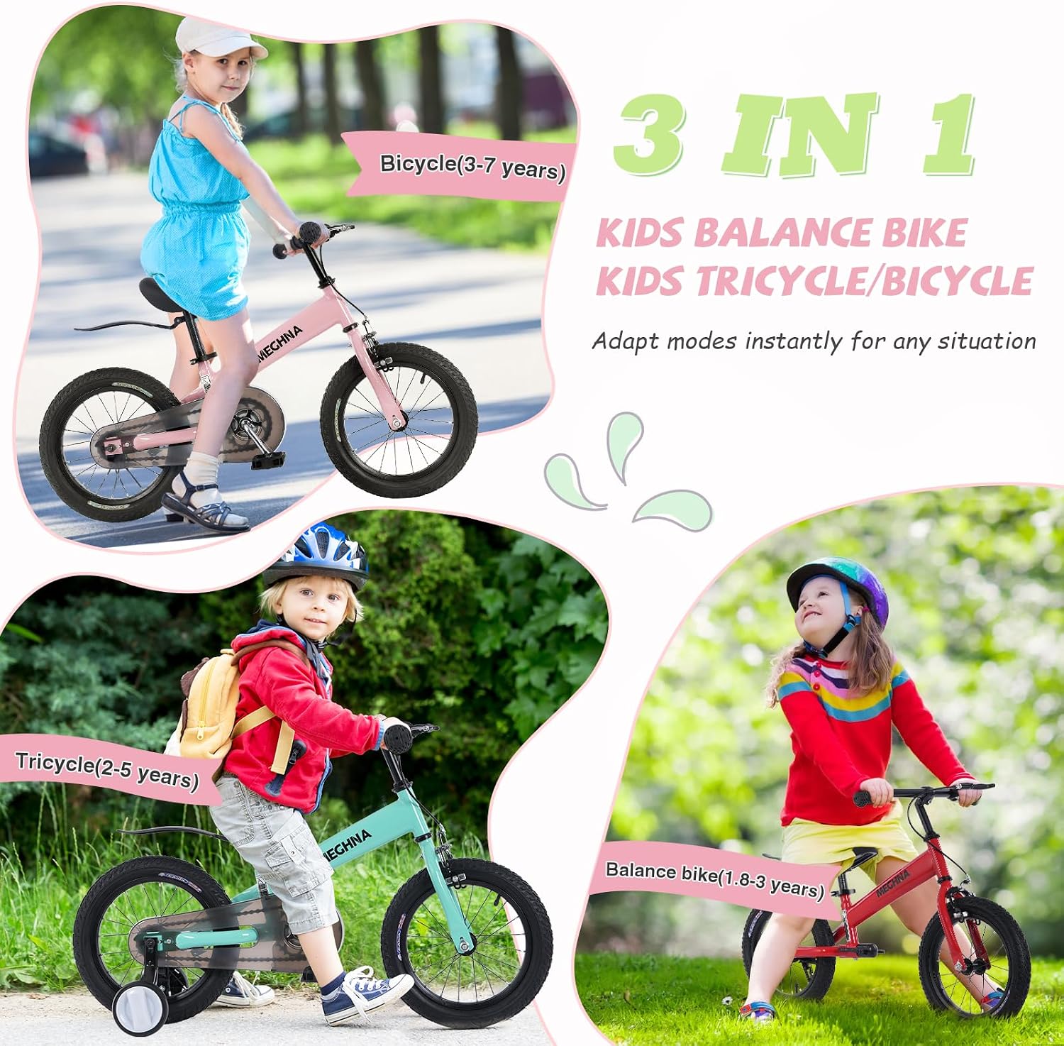 3-in-1 Montessori Balance Bike,Tri-Purpose of Kids Balance Bikes and Toddler Tricycles/Bikes，for 2 3 4 5 6 7 Years Old-14 inch Balance Bike with Training Theory, Pedal Kit, Training Wheels,Brakes