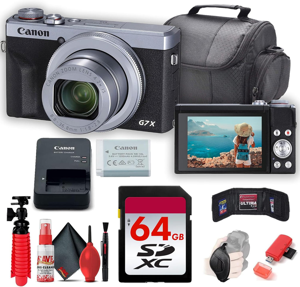 Canon PowerShot G7 X Mark III Digital Camera (Silver) (3638C001) + 64GB Memory Card + Card Reader + Case + Flex Tripod + Memory Wallet + Cap Keeper + Cleaning Kit