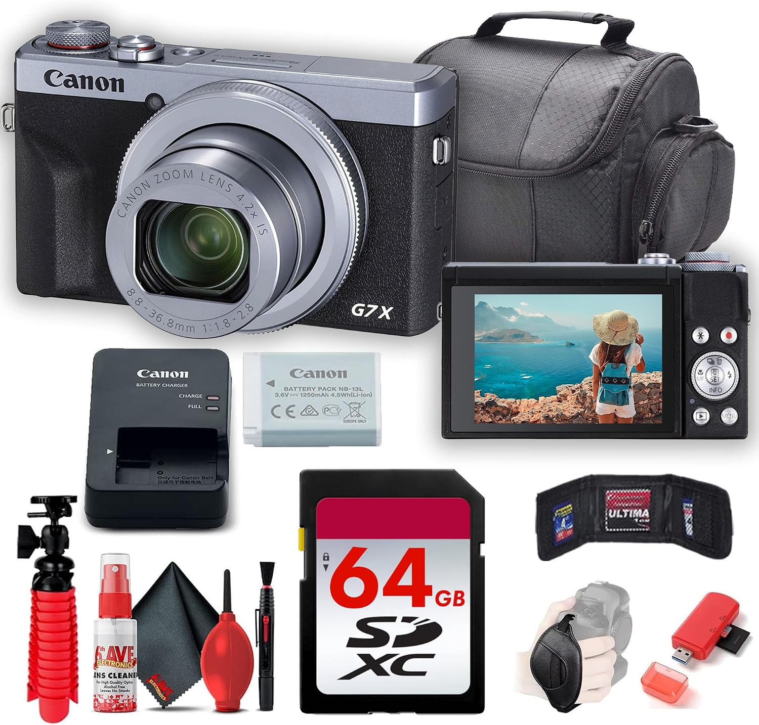 Canon PowerShot G7 X Mark III Digital Camera (Silver) (3638C001) + 64GB Memory Card + Card Reader + Case + Flex Tripod + Memory Wallet + Cap Keeper + Cleaning Kit