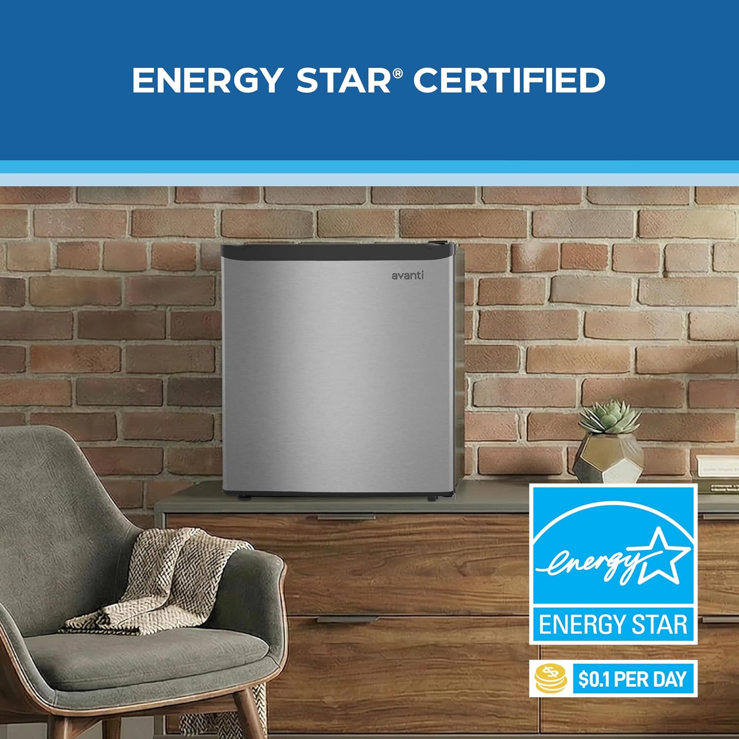 Avanti Mini Fridge 1.6 Cu. Ft. Compact Refrigerator for Dorm, Office & Bedroom, Chiller Compartment, Glass Shelf, Reversible Door with Automatic Defrost, ENERGY STAR, Stainless Steel