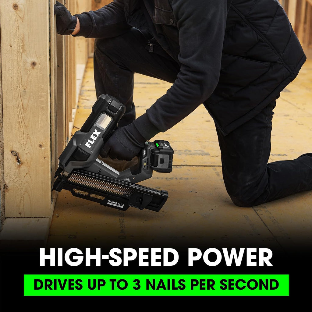 FLEX 24V Brushless 21° Framing Nailer Kit, Zero Ramp-up Time, 3 Nails/Sec, Ideal for Framing, Sheathing and Decking, w/ 5.0Ah Lithium Battery & 160W Fast Charger - FX4351A-1C