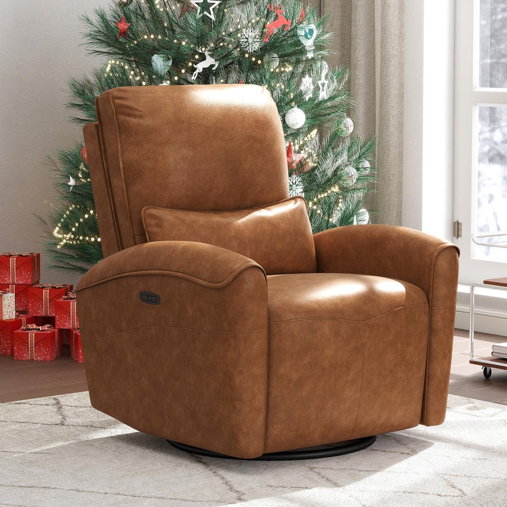 Bonzy Home Power Swivel Rocker Recliner Chair with USB Port, 23.2' Wide Seat, Fixed Lumbar Support, Upholstered Glider Chair for Nursery Living Room, Brown
