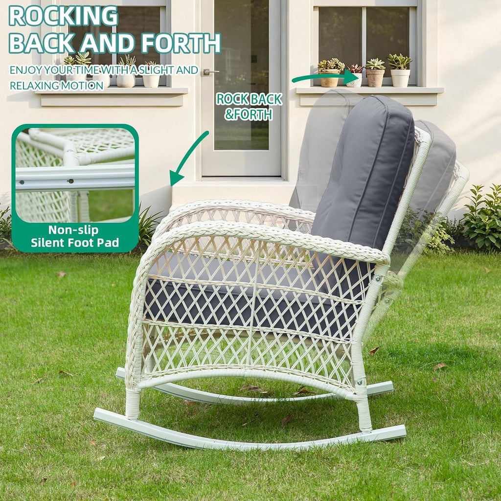 VIVIJASON Outdoor Wicker Rocking Chair, Patio Rattan Rocker Chair with Cushions & Steel Frame, All-Weather Rocking Lawn Furniture for Garden Backyard Porch, Cream White/Grey