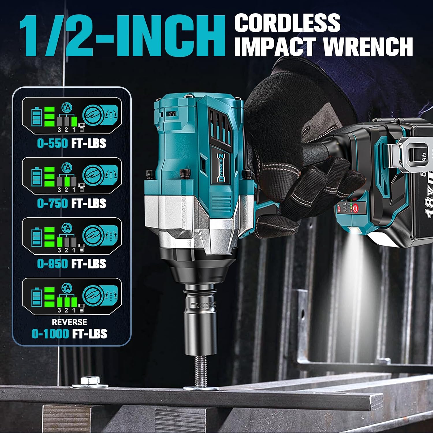 DIYtoolifz Cordless Impact Wrench 1/2' Compatible with Makita 18V Battery, 1000Ft-lbs (1360N.m) Brushless High Torque Impact Gun, Impact Driver for Car Truck Mower, with 2x5.0AH Battery & 6 Sockets