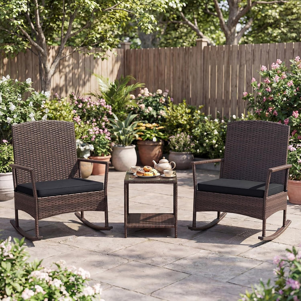 Tangkula 3 Pieces Rocking Wicker Bistro Set, Outdoor Front Porch Rocker Chairs Conversation Set with 2-Tier Tempered Glass Coffee Table and Thick Cushions for Garden, Balcony, Poolside (Black)