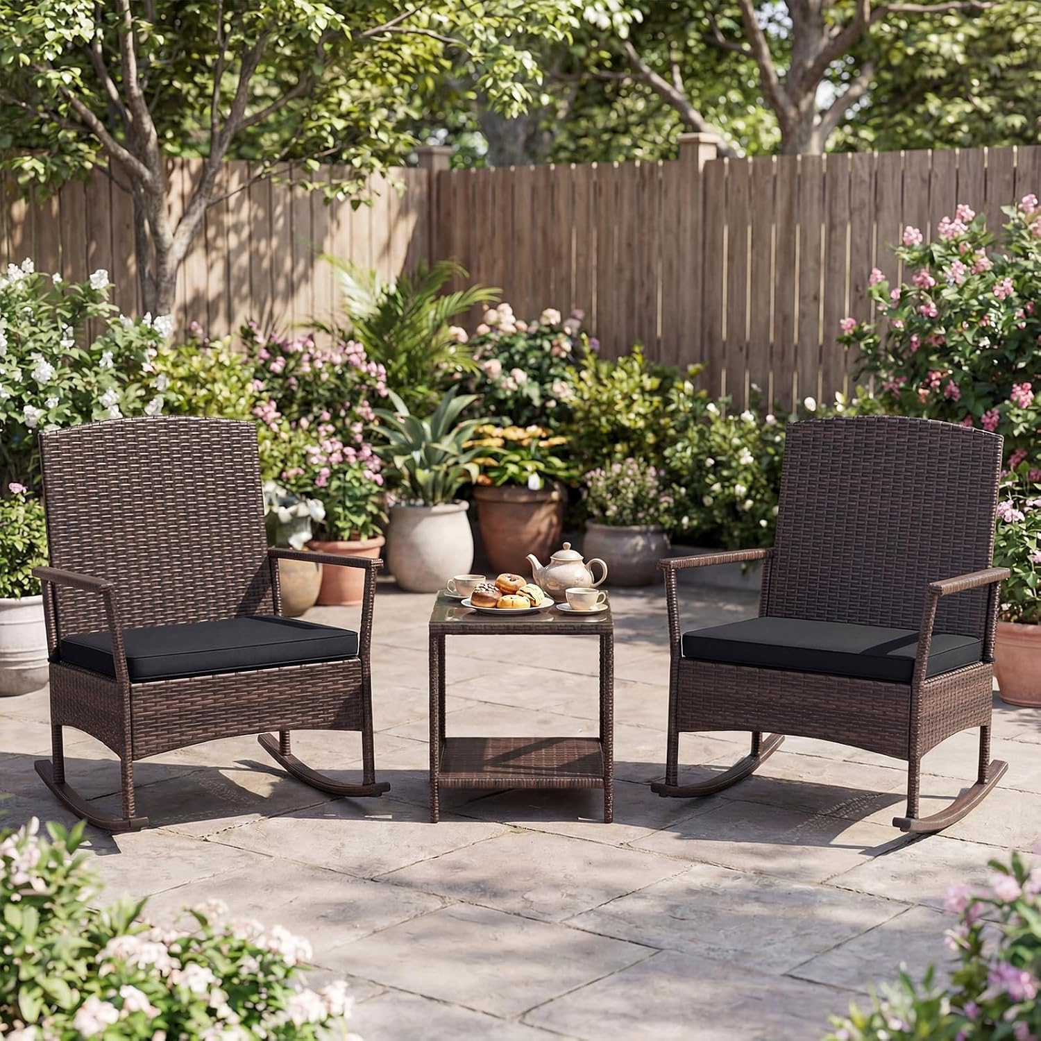 Tangkula 3 Pieces Rocking Wicker Bistro Set, Outdoor Front Porch Rocker Chairs Conversation Set with 2-Tier Tempered Glass Coffee Table and Thick Cushions for Garden, Balcony, Poolside (Black)