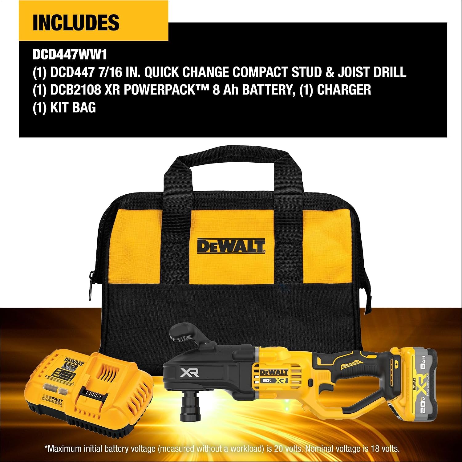 DEWALT 20V MAX XR 7/16 Inch Cordless Stud & Joist Drill Kit with Battery and Charger (DCD447WW1)