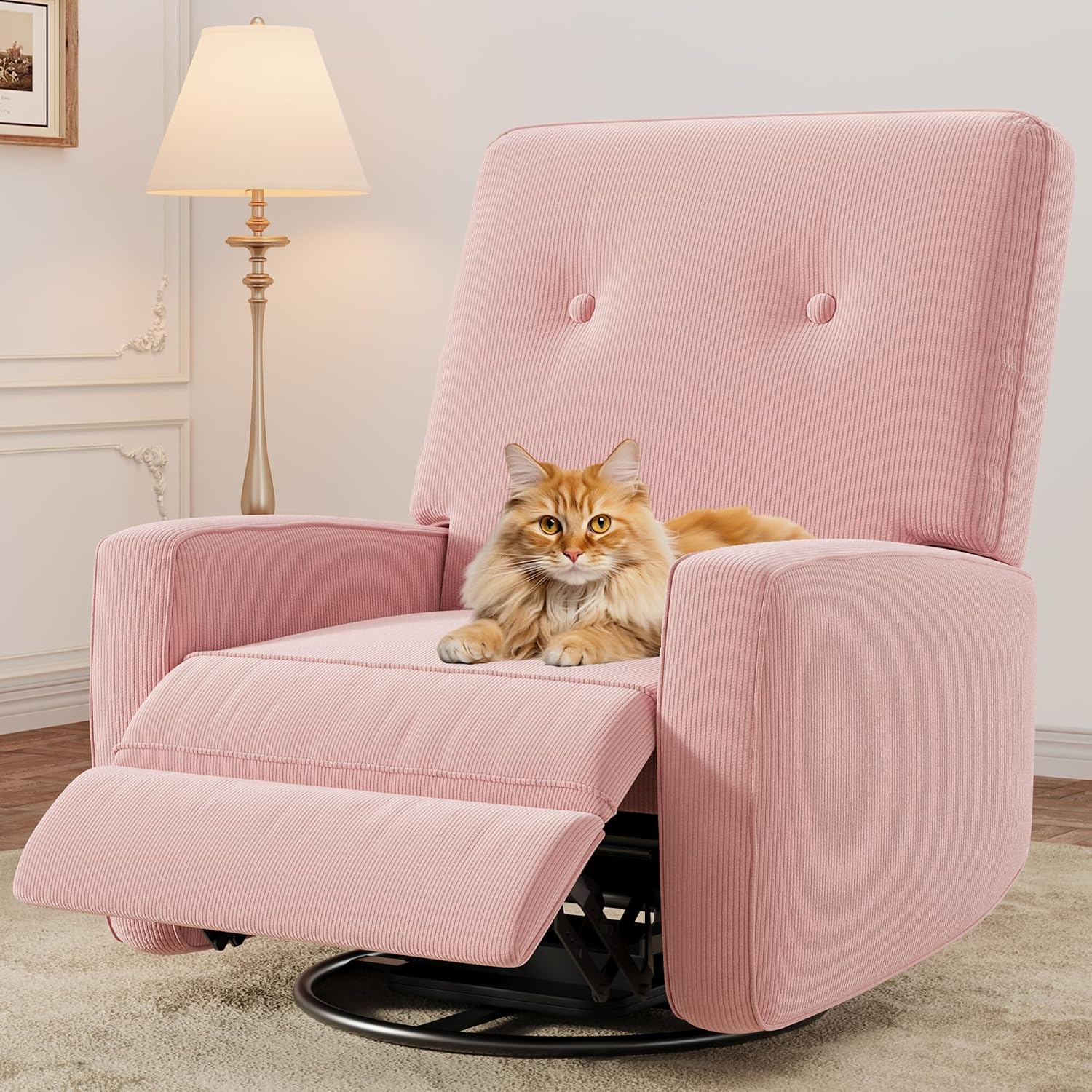 IDEALHOUSE Recliner Chair, 360° Swivel Rocking Glider Chair for Adults with Adjustable Backrest & Footrest, Cozy Corduroy Upholstered Armchair for Living Rooms, Bedrooms, Apartments, Pink