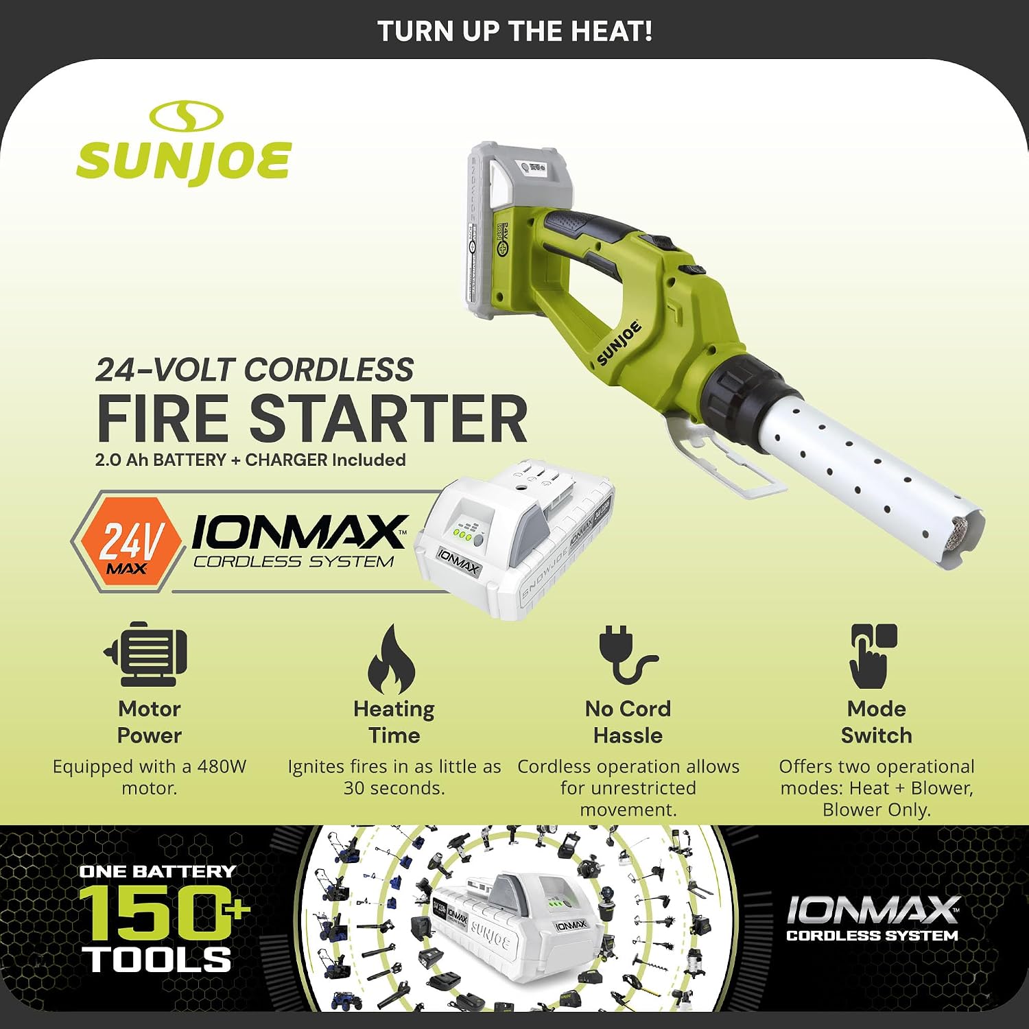 Sun Joe Cordless Electric Fire Starter Kit with Battery and Charger, 24V, 480W Motor - Portable Torch Tool for Charcoal BBQ Grills, Fire Pits & Camping, 24V-BBQ-LTE