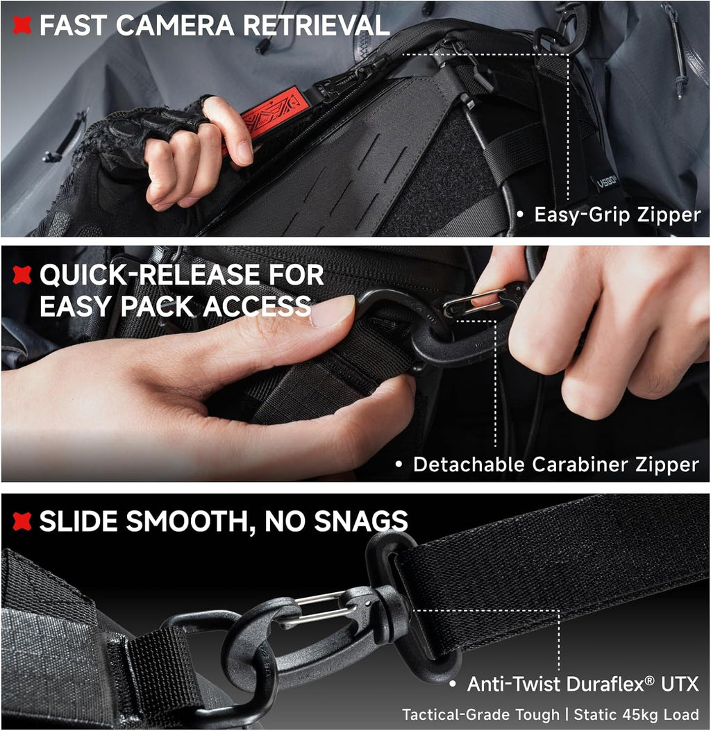 VSGO Black Snipe Pro 7-9L Expandable Camera Sling Bag – Waterproof Techwear Fabric, Anti-Twist, Modular Dividers & Tripod Holder, Lightweight Professional Camera Bag