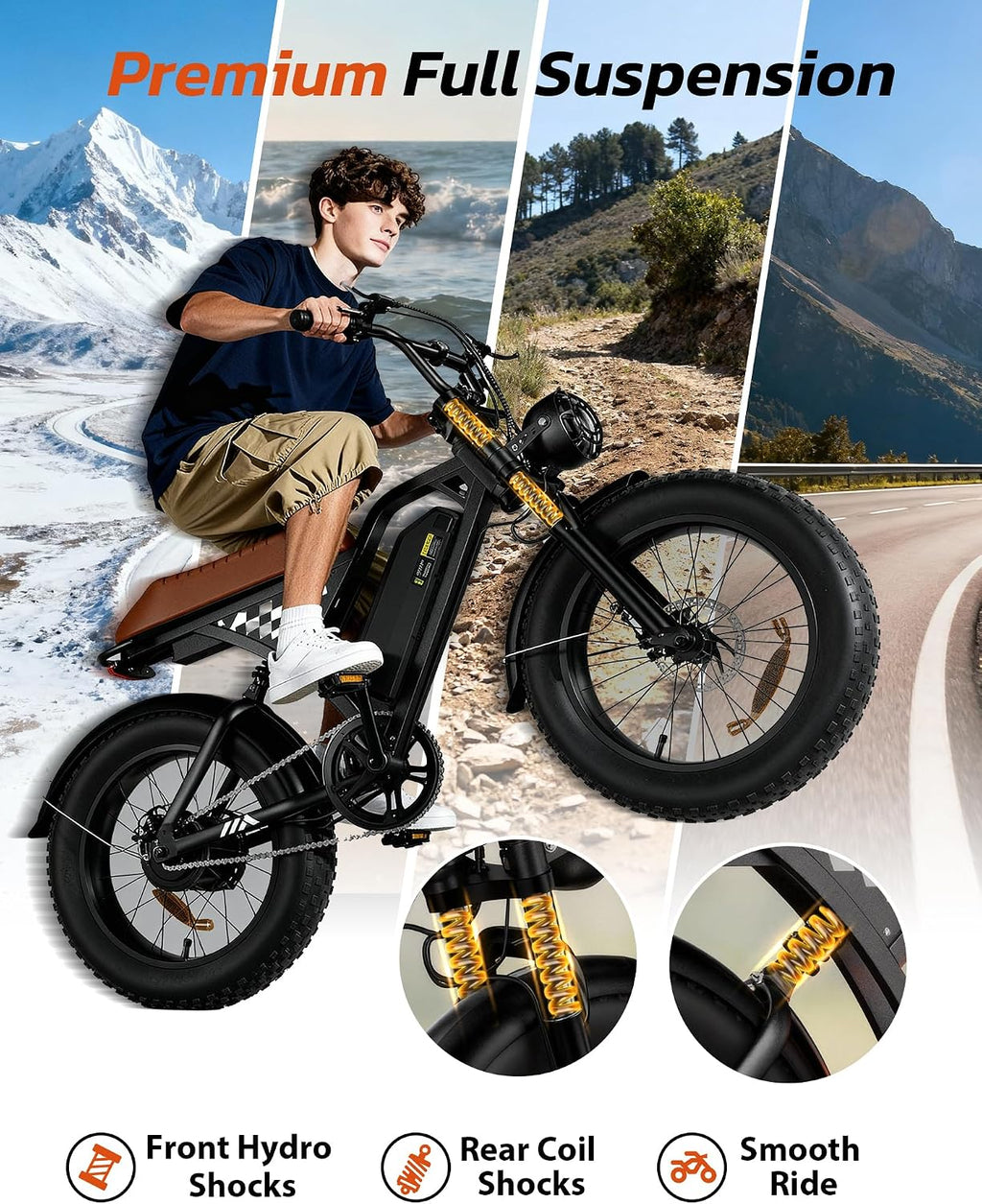 Electric Bike for Adults Teens, 1500/1000W Peak Motor Retro Electric Dirt Bike 55 Miles Pas Range, 20/16' Fat Tire 20MPH Full Suspension Banana Seat Ebikes with Pump, All-Terrain