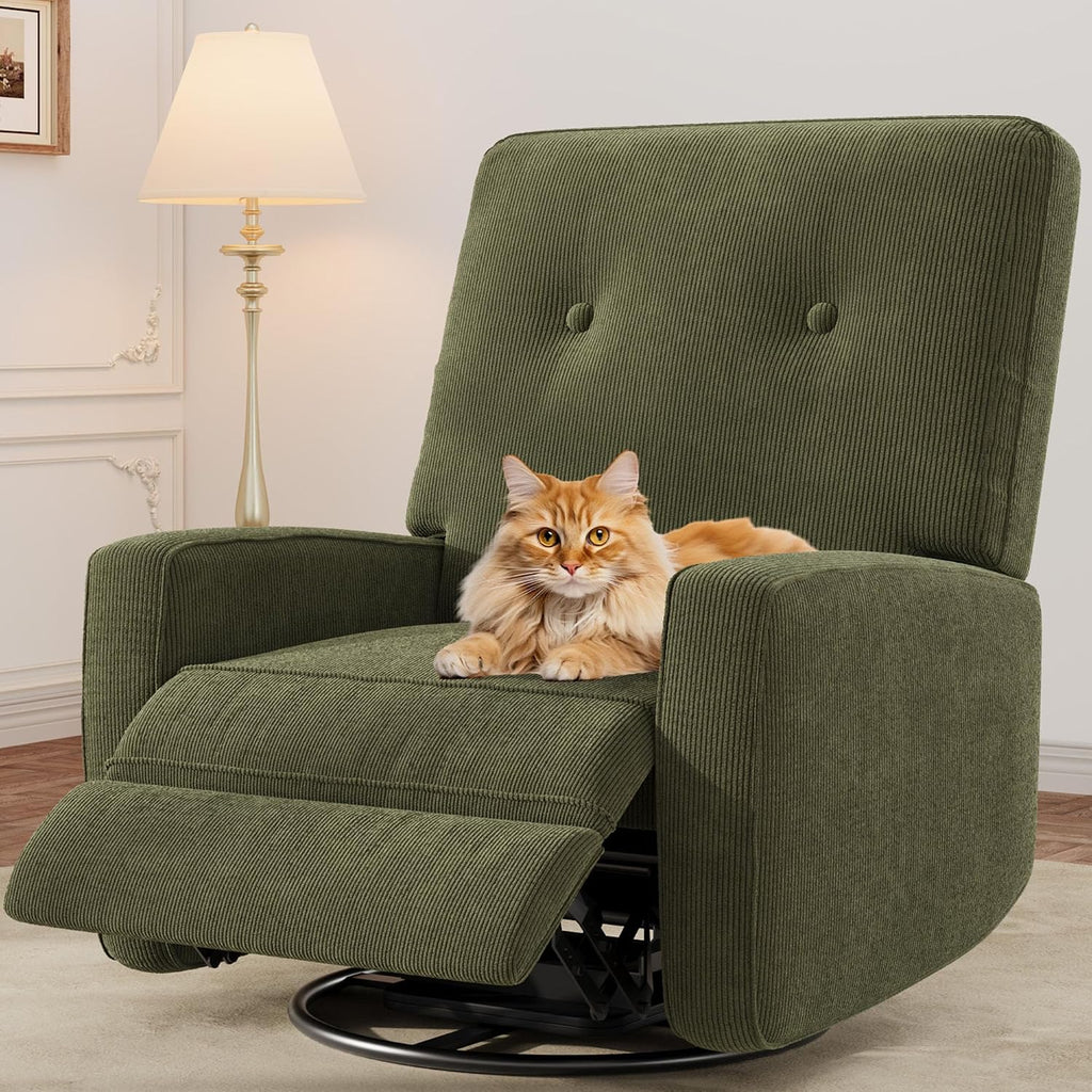 Garvee Nursery Recliner Chair, 360° Swivel Rocking Glider Chair for Adults with Adjustable Backrest & Footrest, Cozy Corduroy Upholstered Armchair for Living Rooms, Bedrooms, Apartments, Green