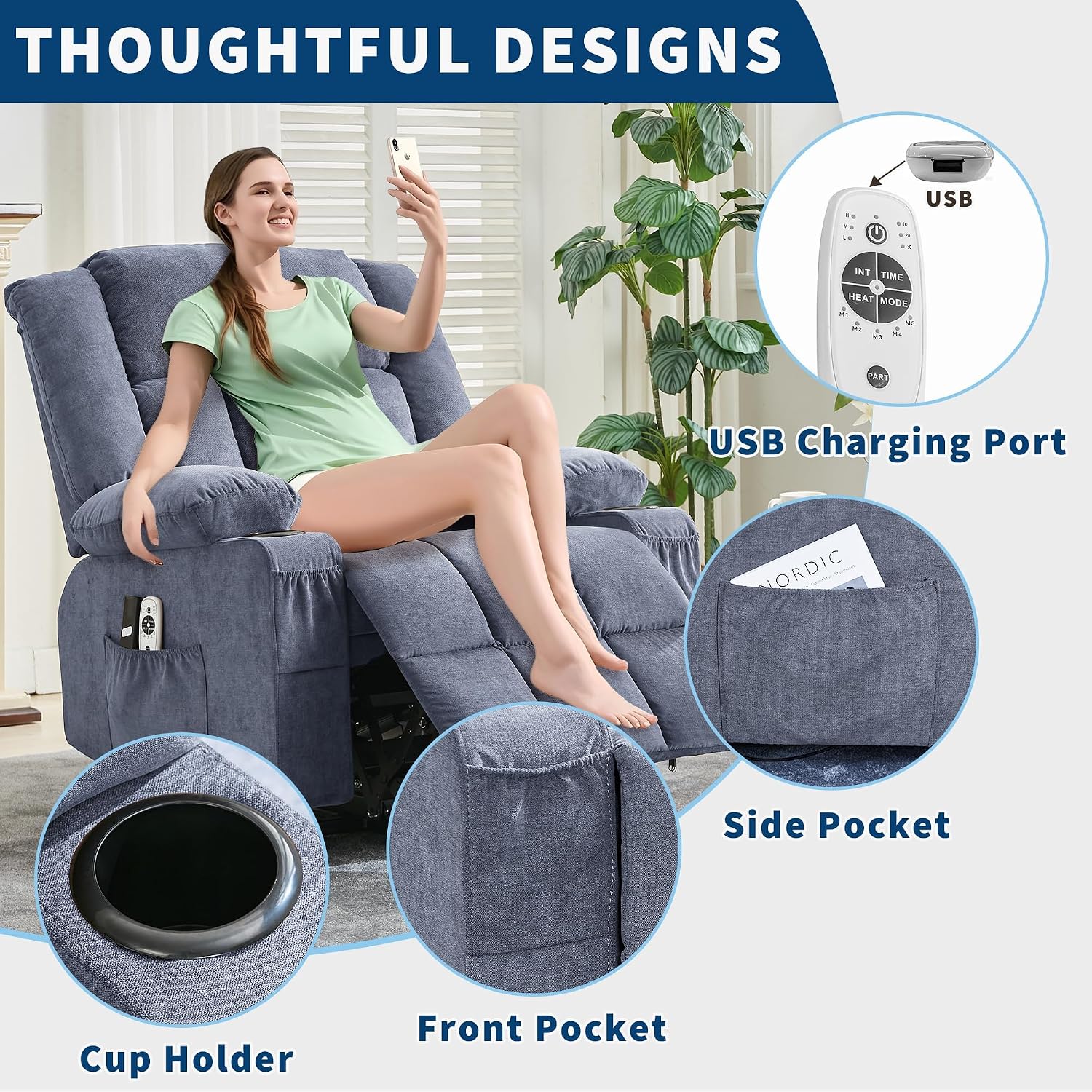 Garvee Power Lift Recliner Chair with Massage and Heat for Elderly Adults Lazy Boy Single Sofa Seat with 3 Positions 2 Side Pockets Cup Holders USB Ports Remote Control