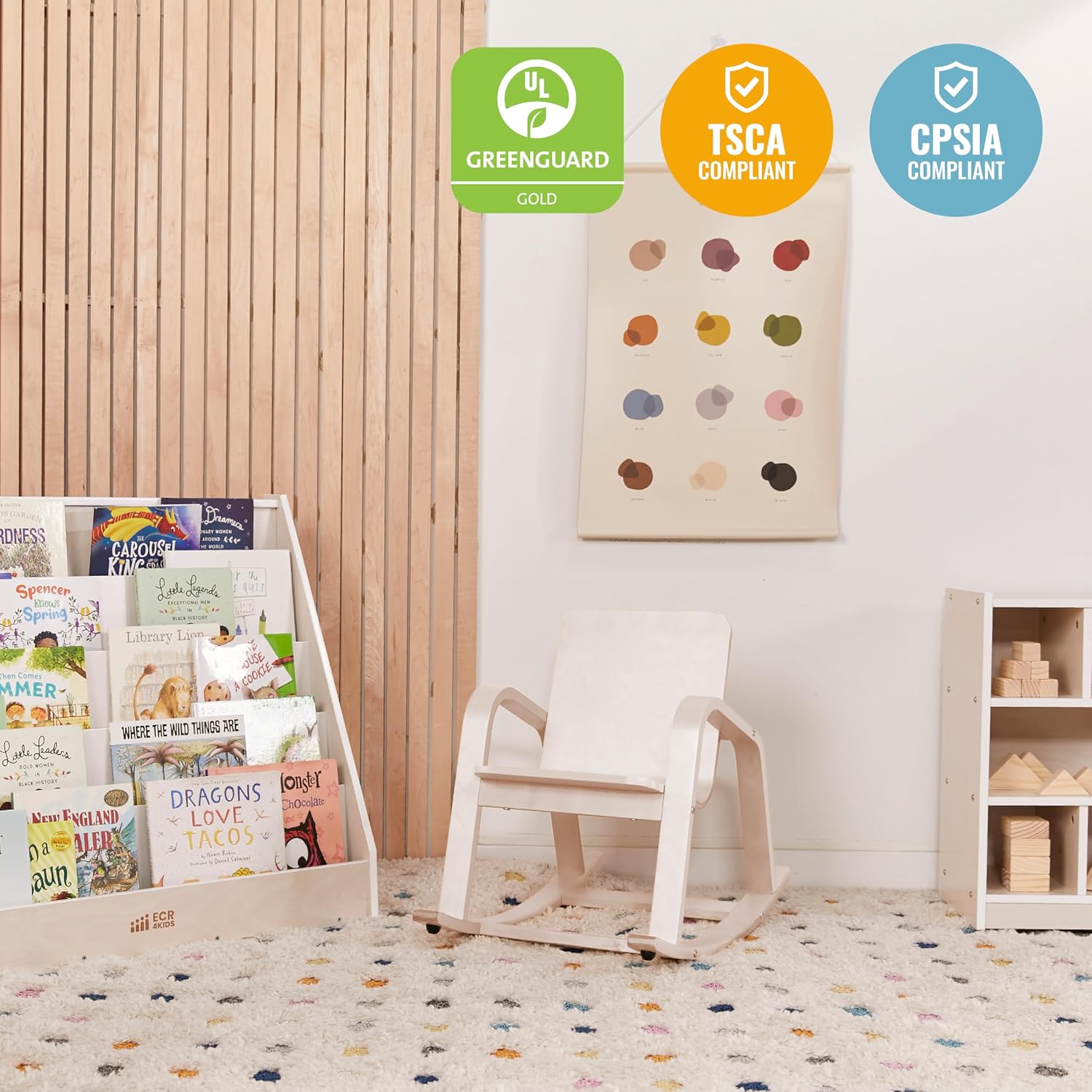 ECR4Kids Bentwood Reading Rocking Chair with Armrests, Montessori Furniture, White Wash
