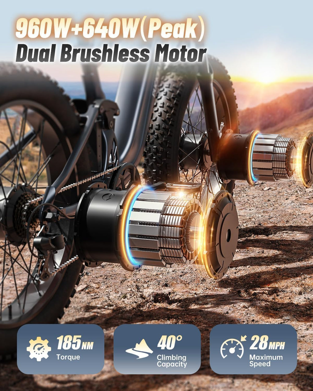 PUCKIPUPPY Dual Motor Electric Bike for Adults 1600W, Full Suspension Dual Hydraulic Disc Brake 26' Fat Tire E Bike, 48V 20AH Battery,8 Speed,28MPH 80Miles Range Mountain Electric Bicycle, GoldenR Pro